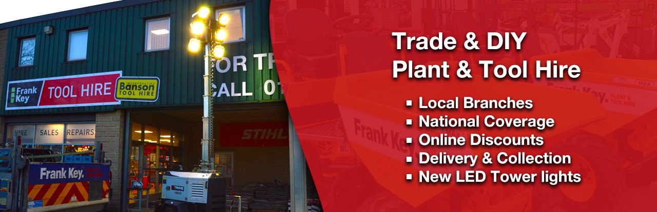 Frank Key Tool Hire Header Banner. Local Branches. National Coverage. Online Discounts. Delivery & Collection.
